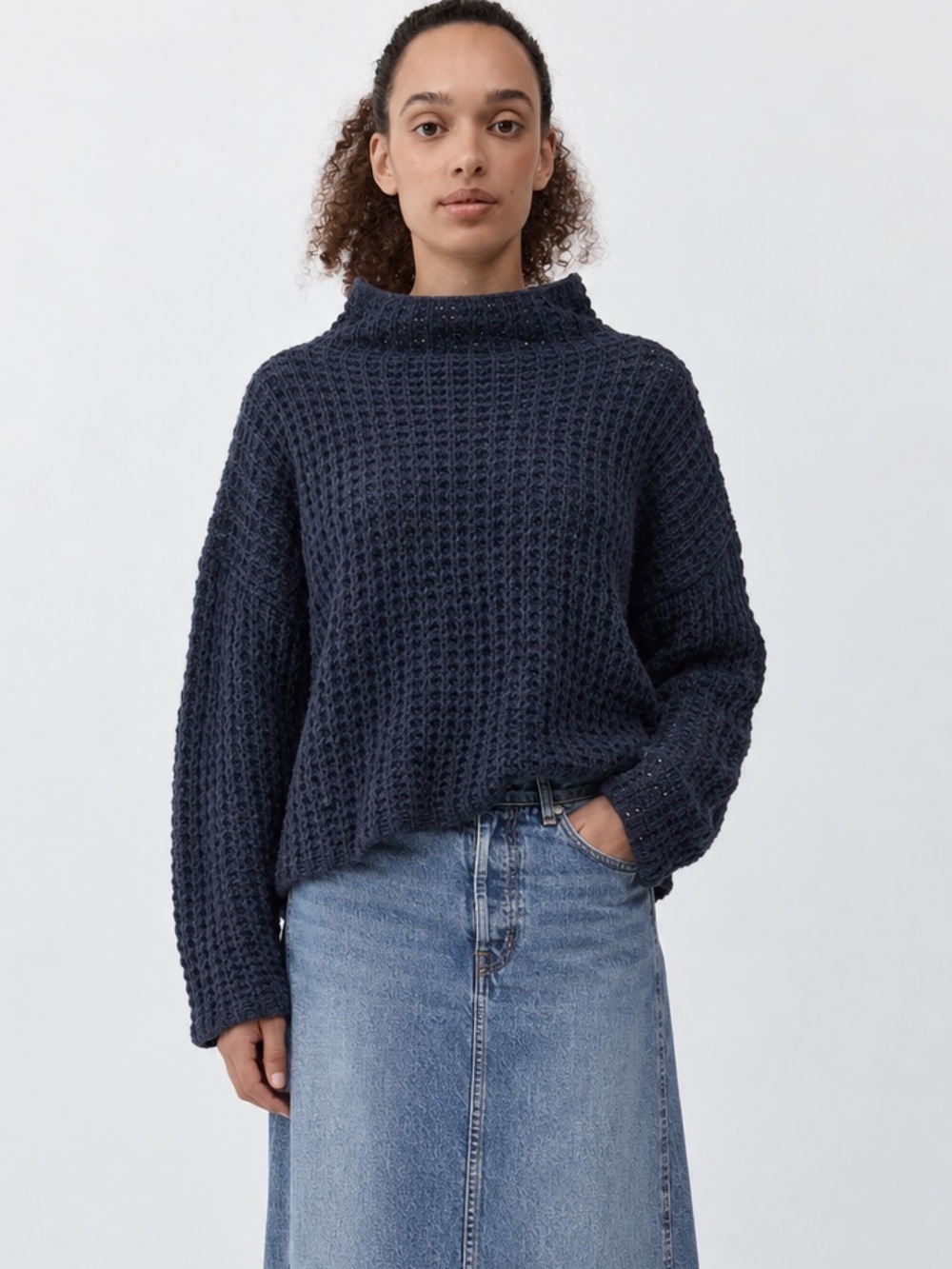 UO Navy Chenille Lacey Waffle Knit Oversized Slouchy Navy Funnel Neck Sweater S